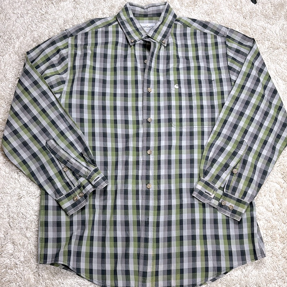Carhartt Mens Long Sleeve Button Up Shirt Blue And Green Plaid Size‎ Large